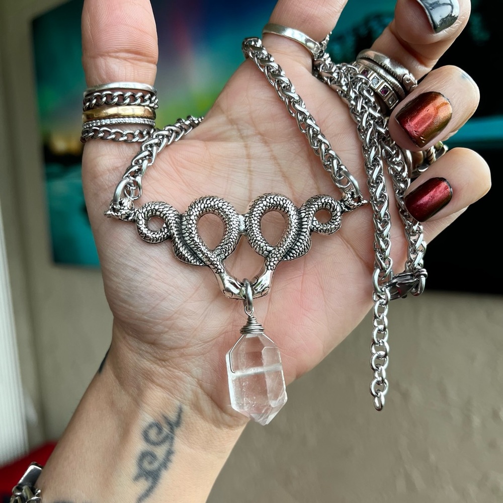 Natural Crystal quartz & snake charm stainless steel chain necklace goth celtic. - Picture 10 of 10
